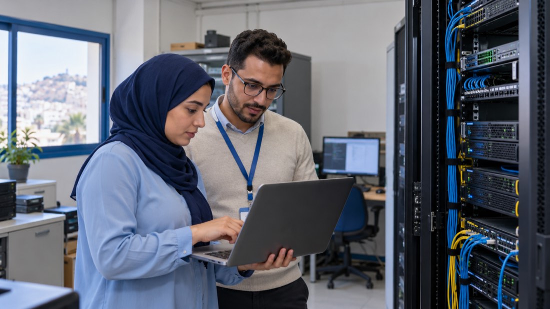 Illustration de deux professionnels vérifiant une infrastructure informatique d’entreprise