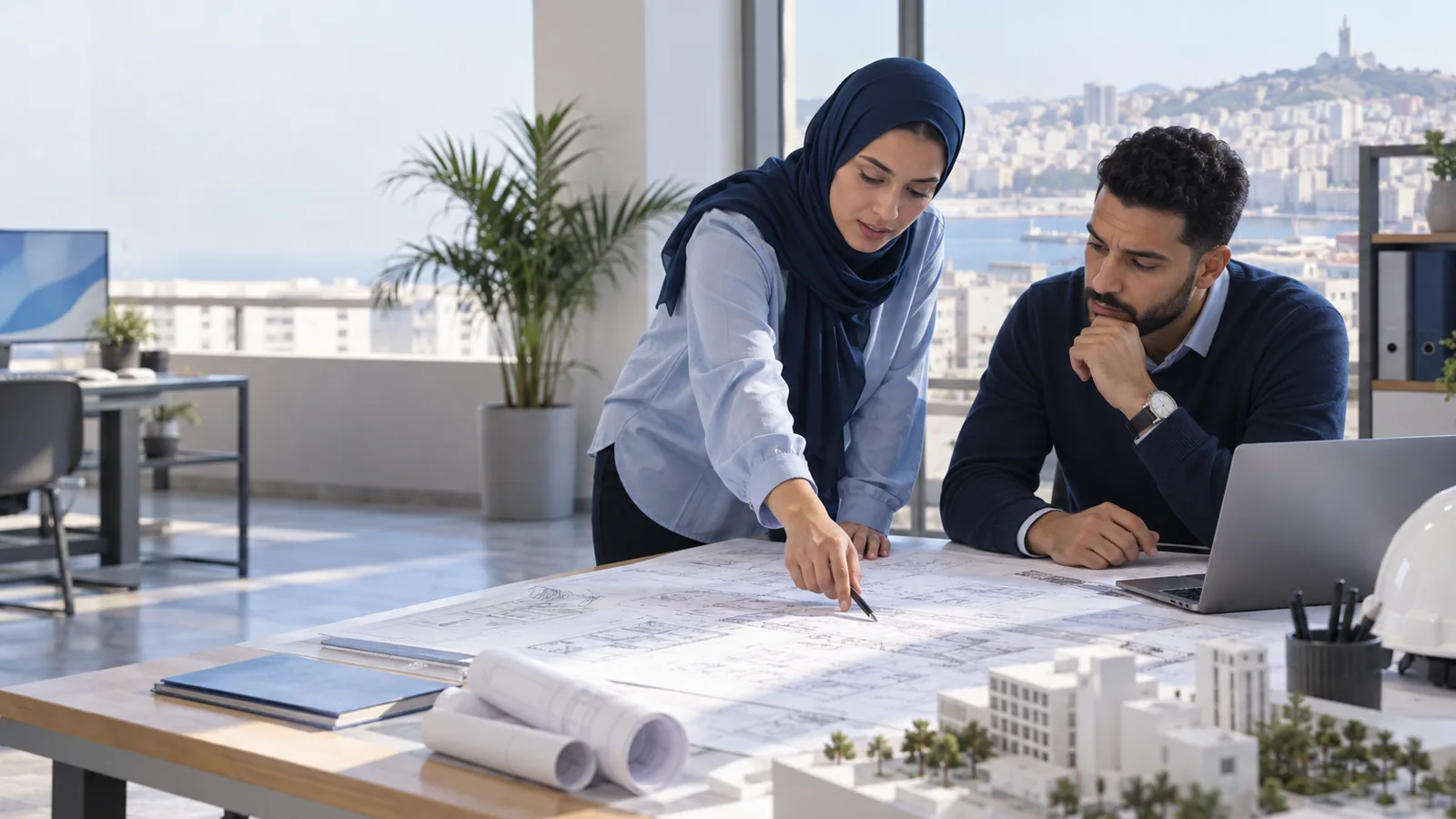 Chef de projet d'un bureau d'études qui examine un dossier avec un collègue autour d'une grande table couverte de plans techniques