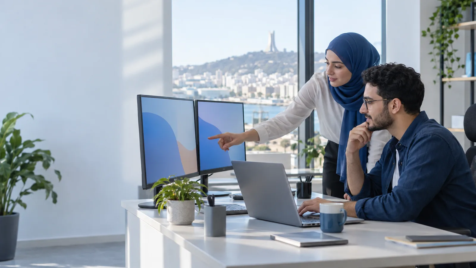 Two developers working together in front of two monitors in a bright office