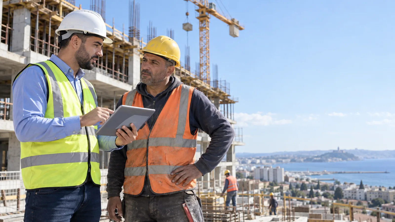 Conducteur de travaux en casque blanc et gilet réfléchissant, tablette en main, qui parle avec un chef d'équipe devant un immeuble en béton armé en construction