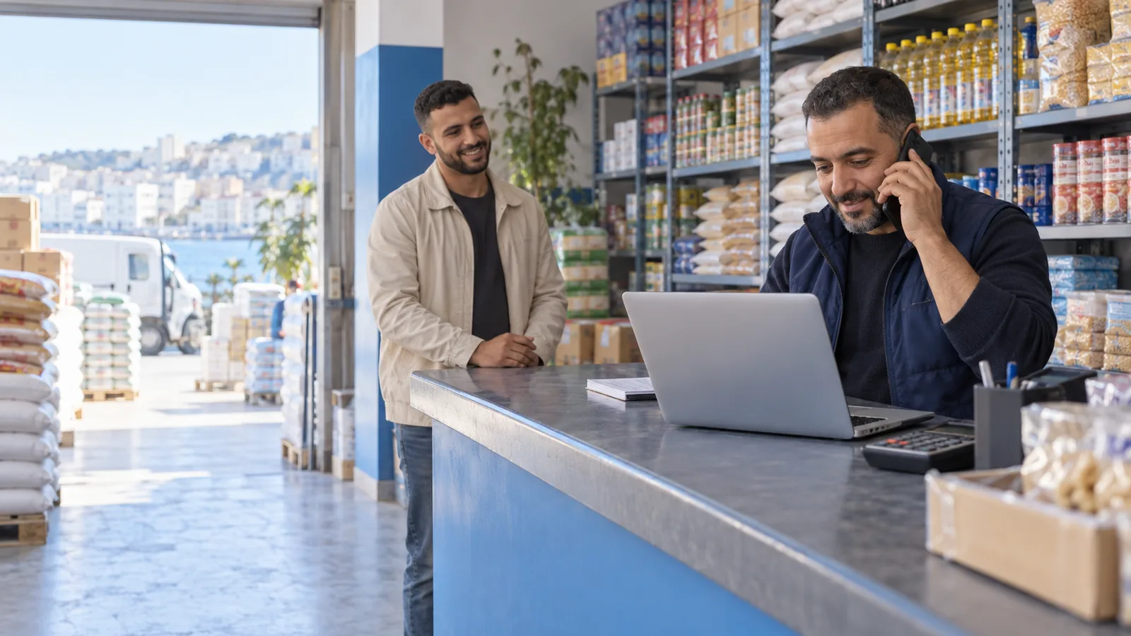 Gérant d'un commerce de gros au téléphone devant son ordinateur portable, pendant qu'un client habitué attend en souriant au comptoir