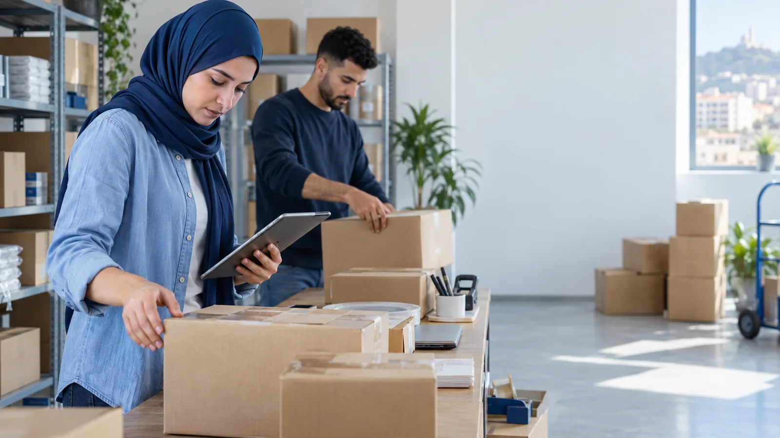 موظفان في مؤسسة توزيع يحضّران الطلبيات ويتحققان من الكراتين على لوحة إلكترونية في مخزن مليء بالطرود