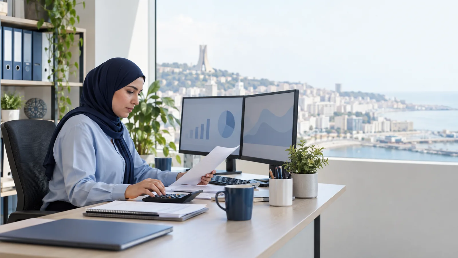 محاسب إلى مكتبه أمام شاشتين تعرضان رسومًا بيانية، وخلفه رفّ عليه ملفات مرتبة، في مكتب هادئ