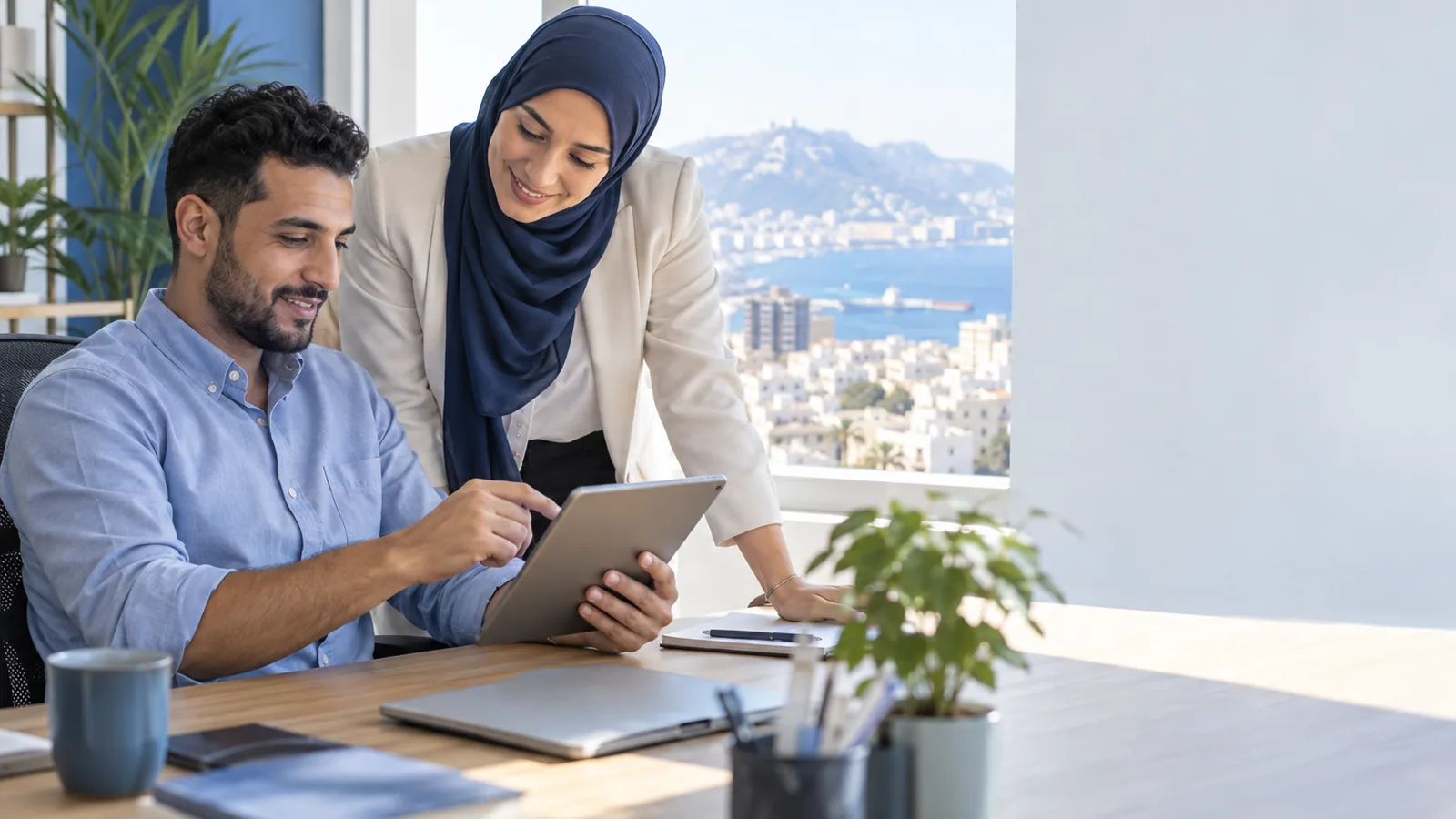 مسؤول وموظف يتحدثان على مكتب وهما ينظران إلى لوحة رقمية، وضوء الصيف يدخل من النافذة