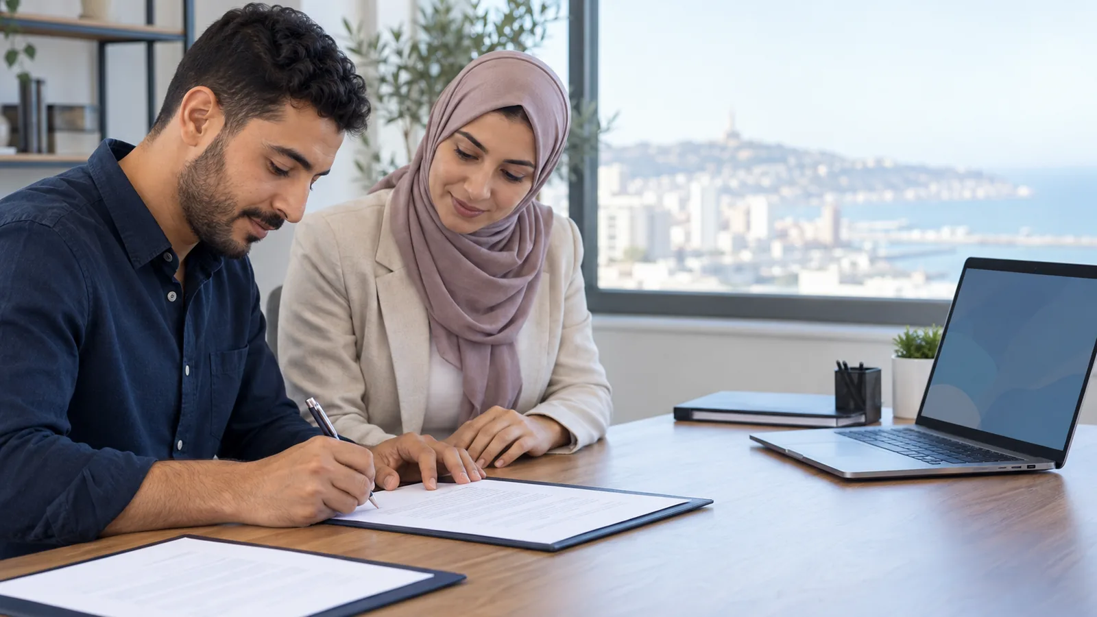 Gros plan sur un bureau où un employeur et un nouvel employé signent un contrat, un second exemplaire et un ordinateur portable à côté