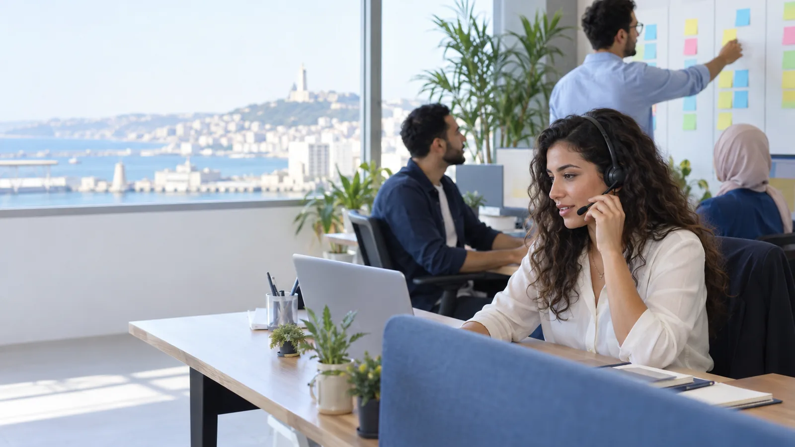 Équipe commerciale dans un open space en Algérie : une commerciale au casque en plein appel, un collègue qui montre un tableau de notes colorées rangées en colonnes