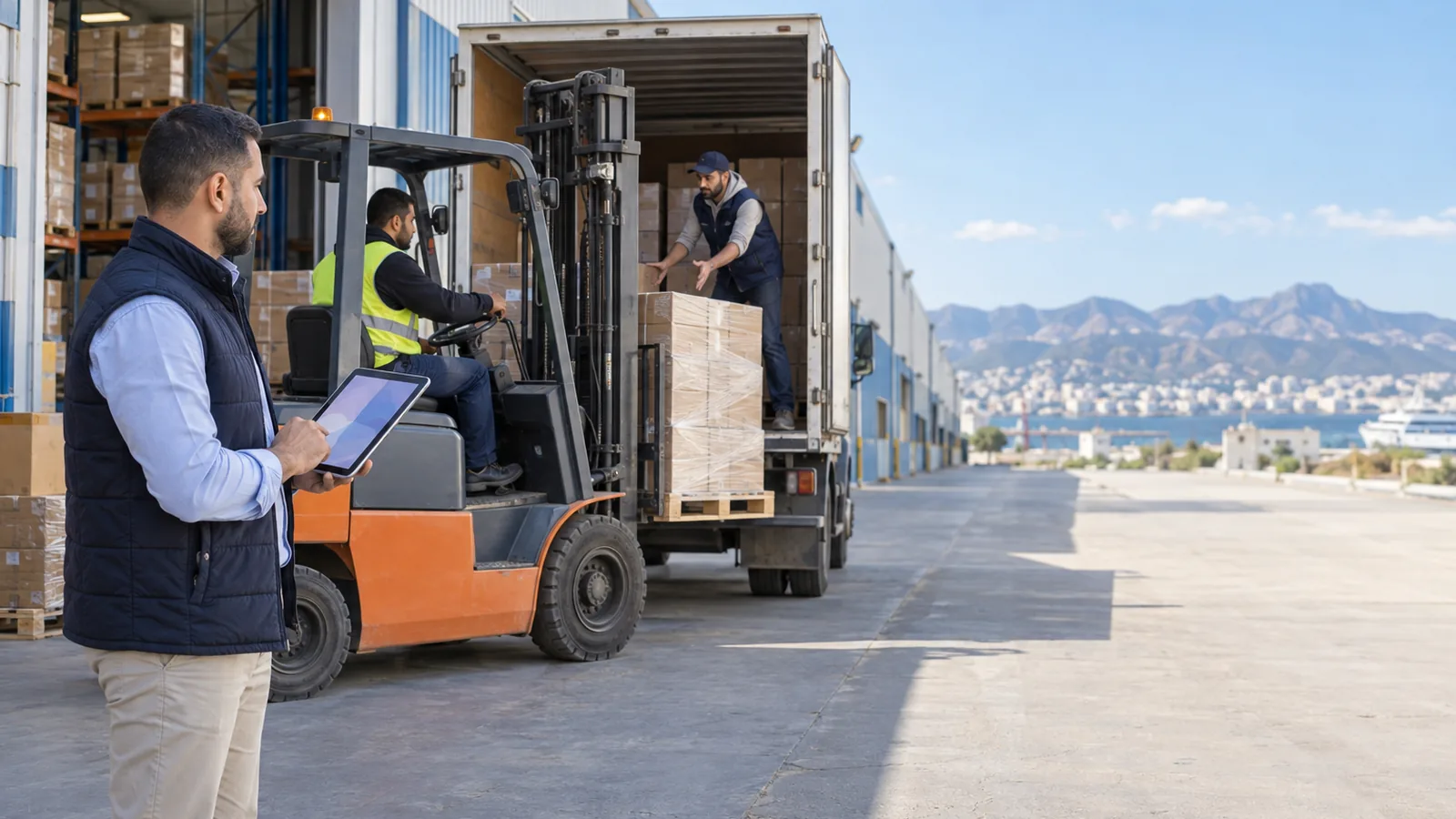 Responsable logistique avec une tablette qui coordonne un transfert pendant qu'un chariot élévateur charge une palette dans un petit camion entre deux entrepôts