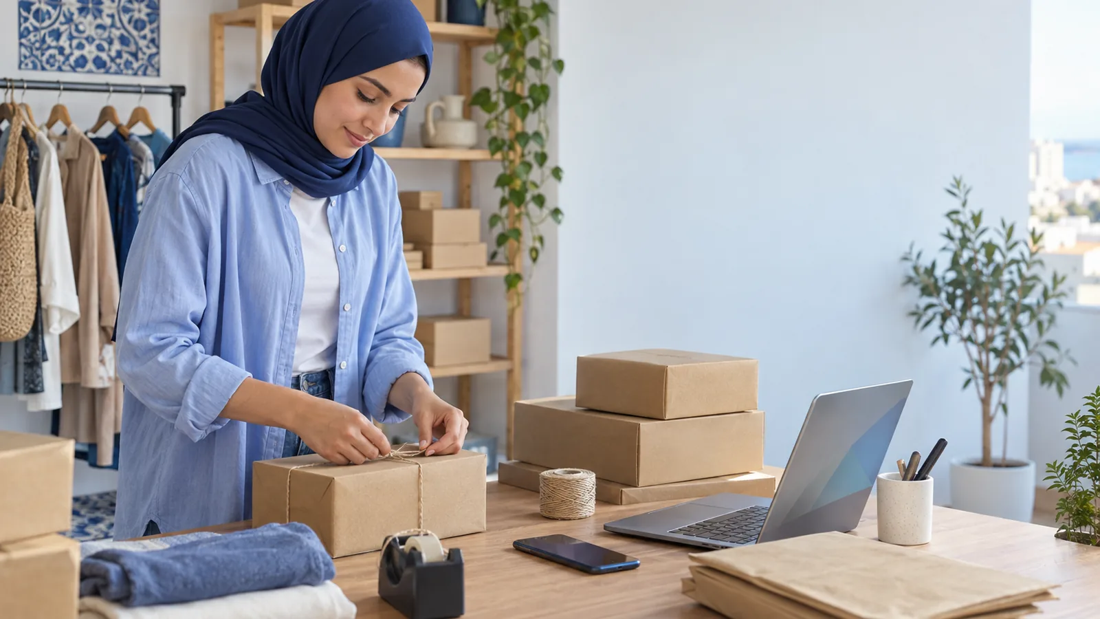 Jeune entrepreneur qui emballe des commandes en ligne dans un petit atelier, ordinateur portable et smartphone à côté de piles de colis