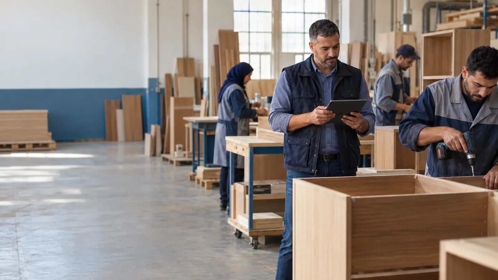 Atelier de menuiserie où des ouvriers assemblent des meubles en bois pendant qu'un chef d'atelier suit l'avancement sur une tablette