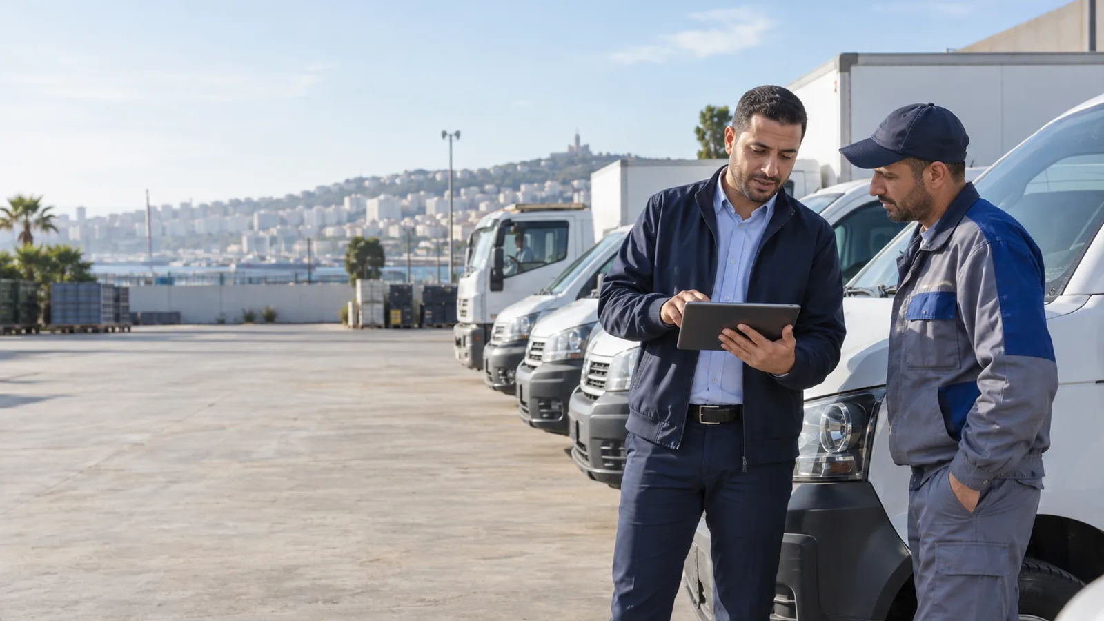 Responsable de flotte avec une tablette qui parle avec un chauffeur devant une rangée de fourgons blancs et un petit camion