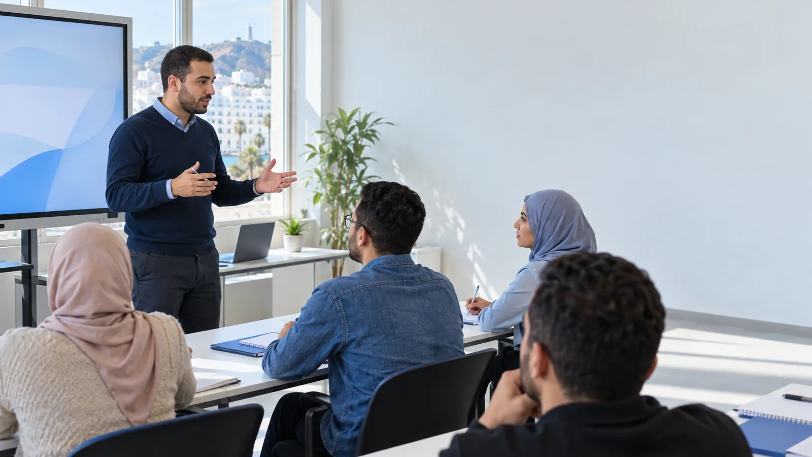 Salle de cours d'un centre de formation où un formateur explique à un petit groupe d'adultes assis avec leurs cahiers