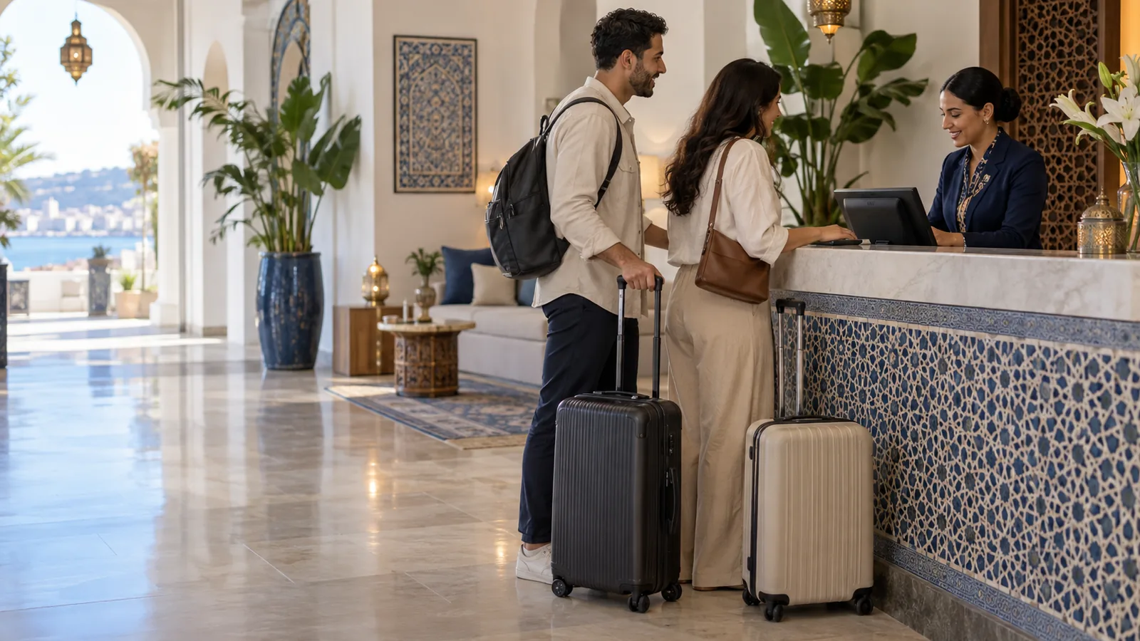 Réception d'un petit hôtel où une réceptionniste accueille un couple avec ses valises, hall chaleureux avec plantes et mosaïques