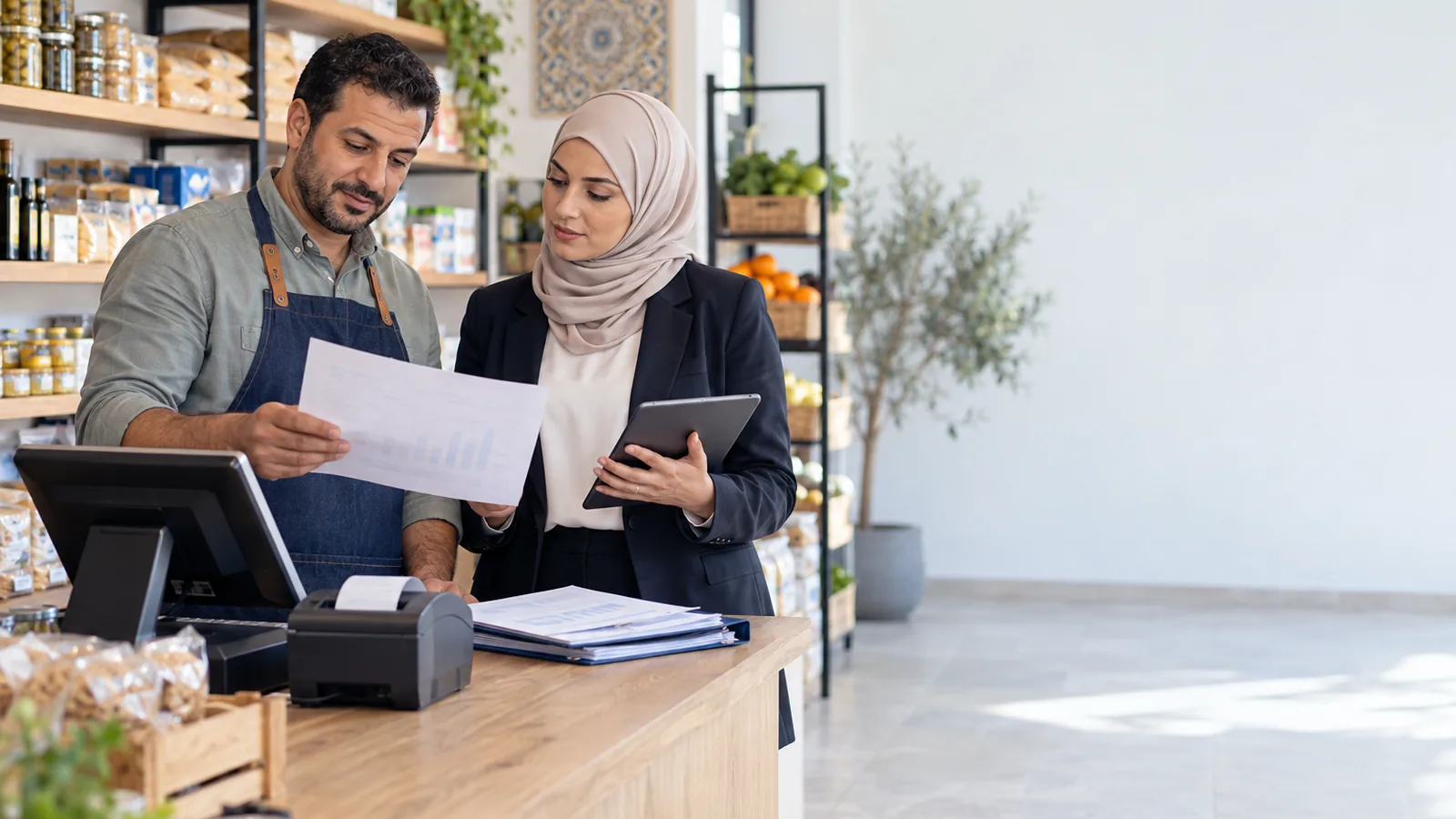 Commerçant algérien et comptable vérifiant les ventes enregistrées par la caisse