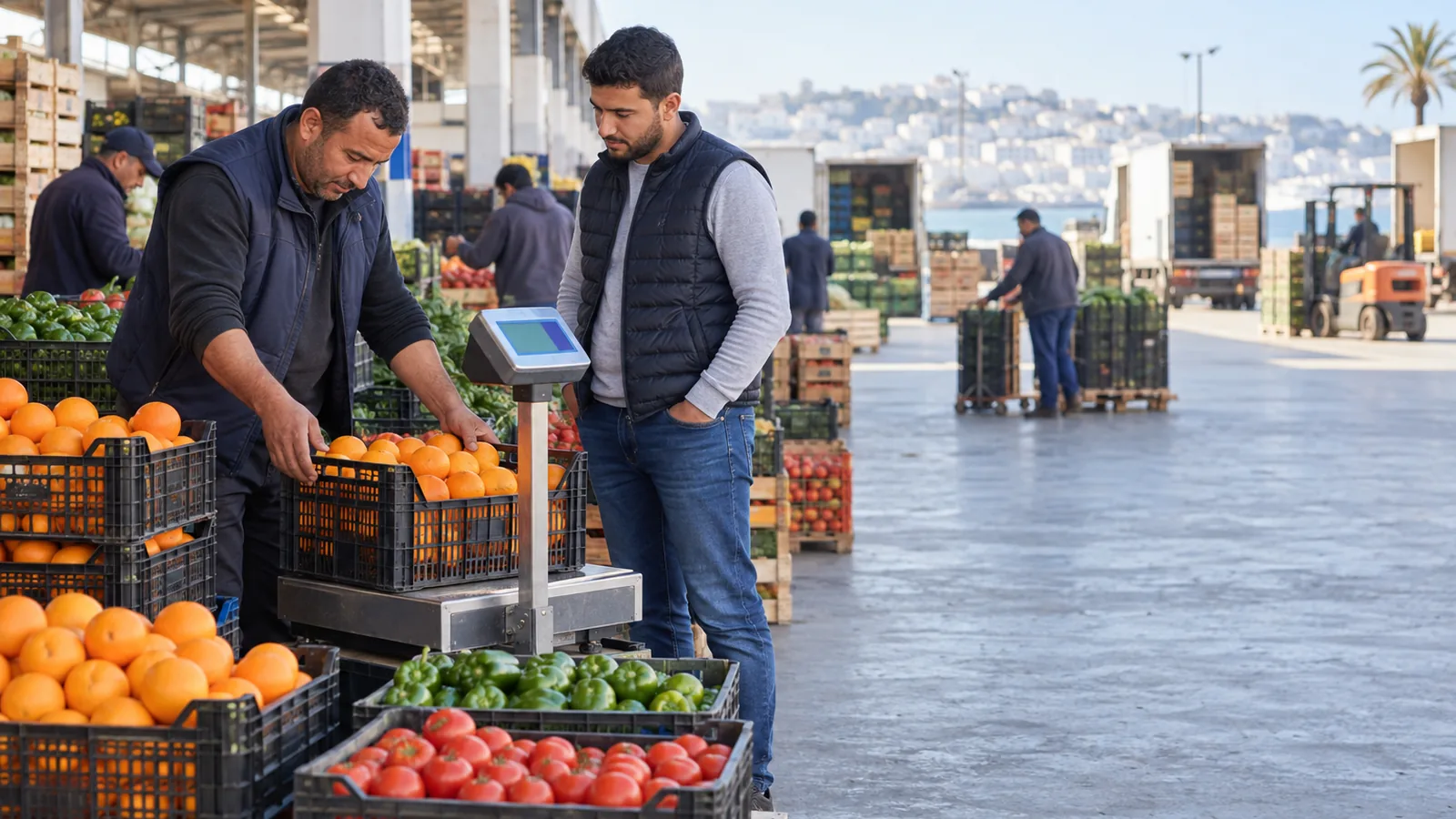 تاجر جملة في سوق للخضر والفواكه بالجزائر يزن صندوقًا على ميزان أرضي أمام مشترٍ