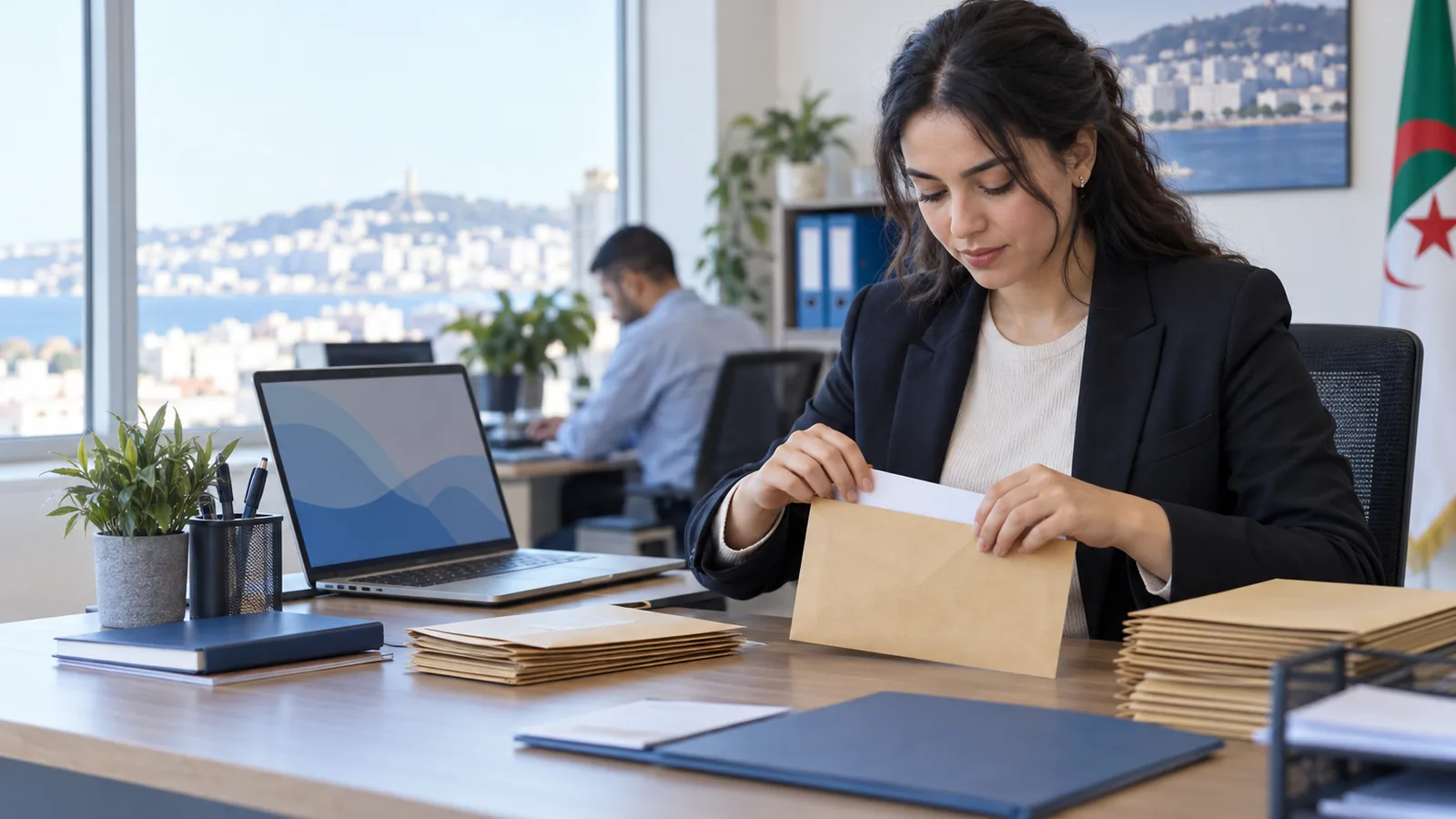 Responsable RH d'une entreprise algérienne qui prépare les enveloppes de salaire à côté de son ordinateur