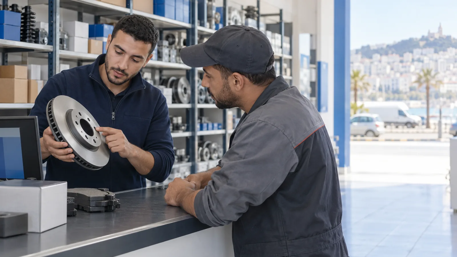 Vendeur d'un magasin de pièces automobiles en Algérie qui montre un disque de frein à un mécanicien au comptoir