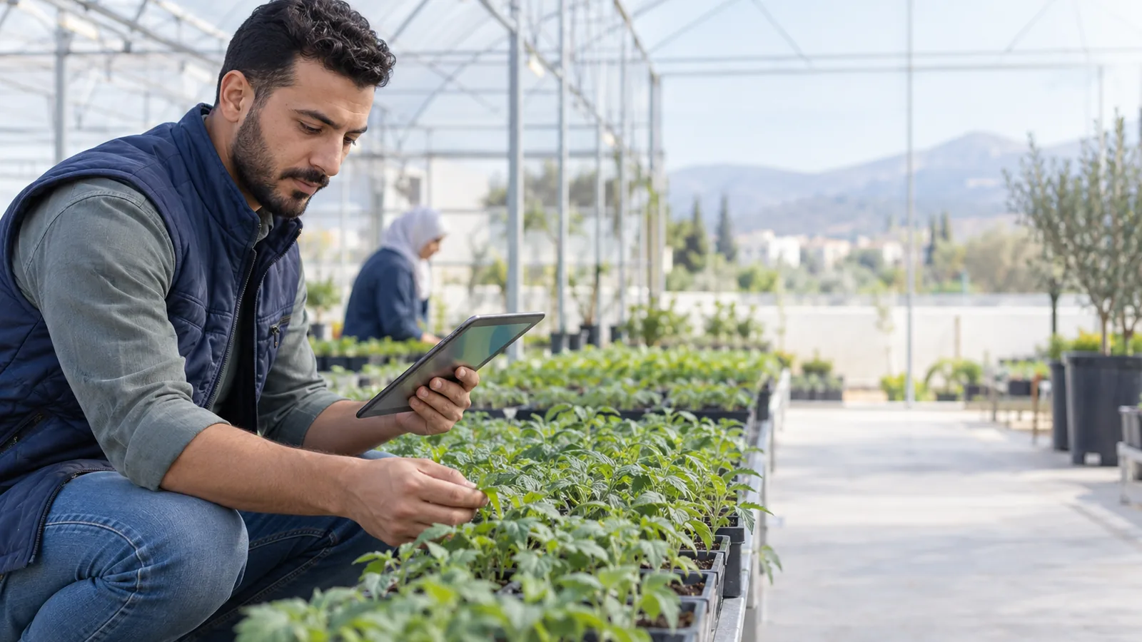Producteur qui inspecte des plateaux de jeunes plants dans une serre de pépinière en Algérie, une tablette à la main