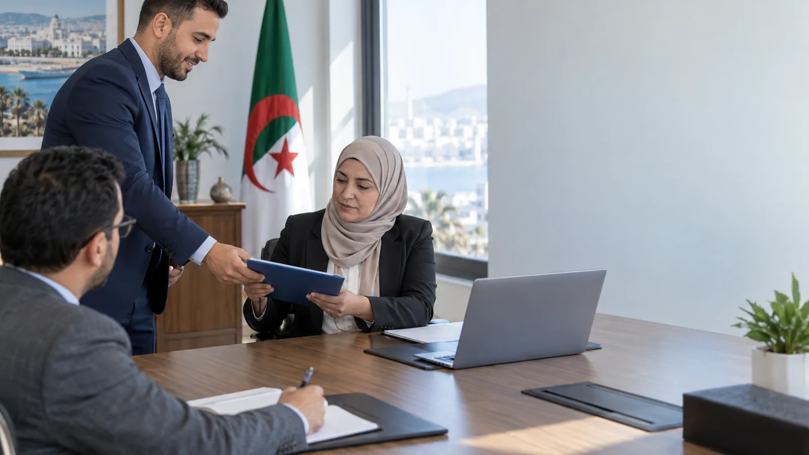 Supplier's sales representative handing a blue folder to a procurement officer in the meeting room of an Algerian public institution