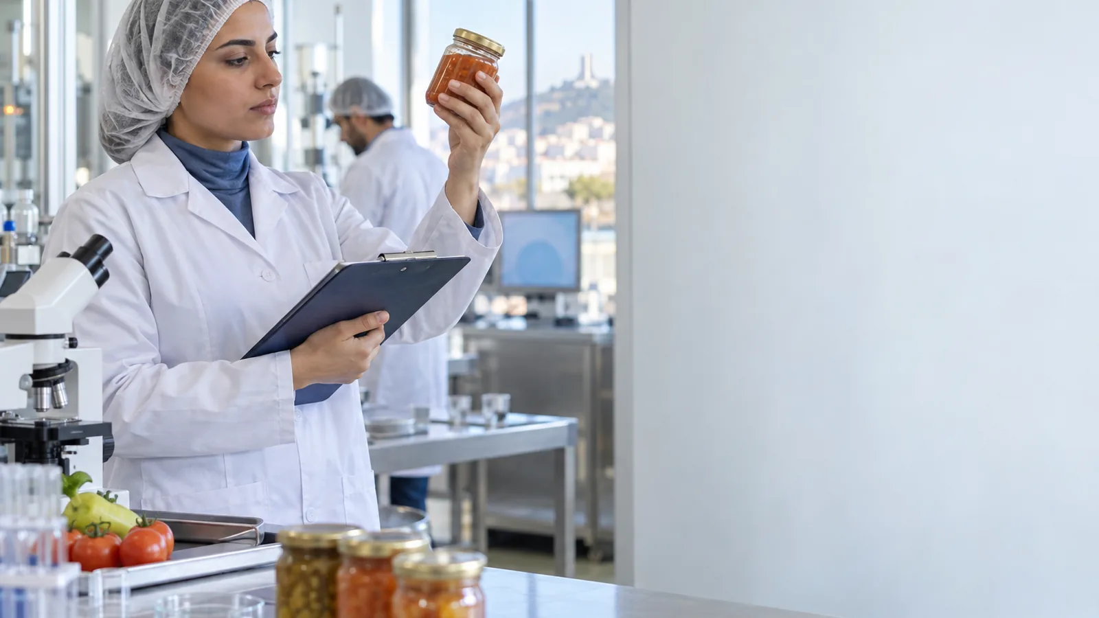 Contrôleuse qualité en blouse blanche et charlotte qui examine un échantillon dans le laboratoire d'une usine alimentaire