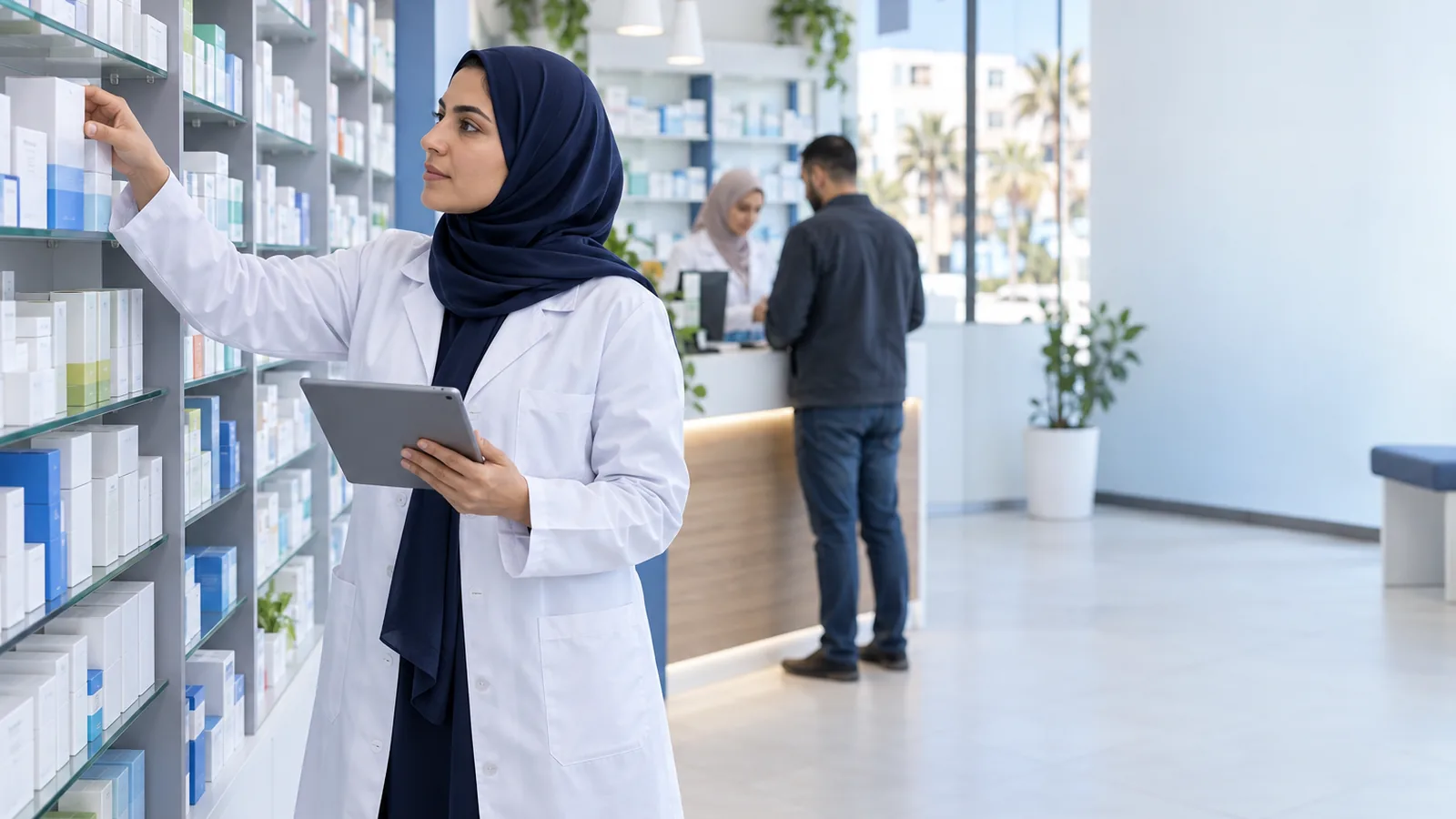 صيدلانية بمئزر أبيض تتفقد علب الأدوية على الرفوف وفي يدها لوحة إلكترونية