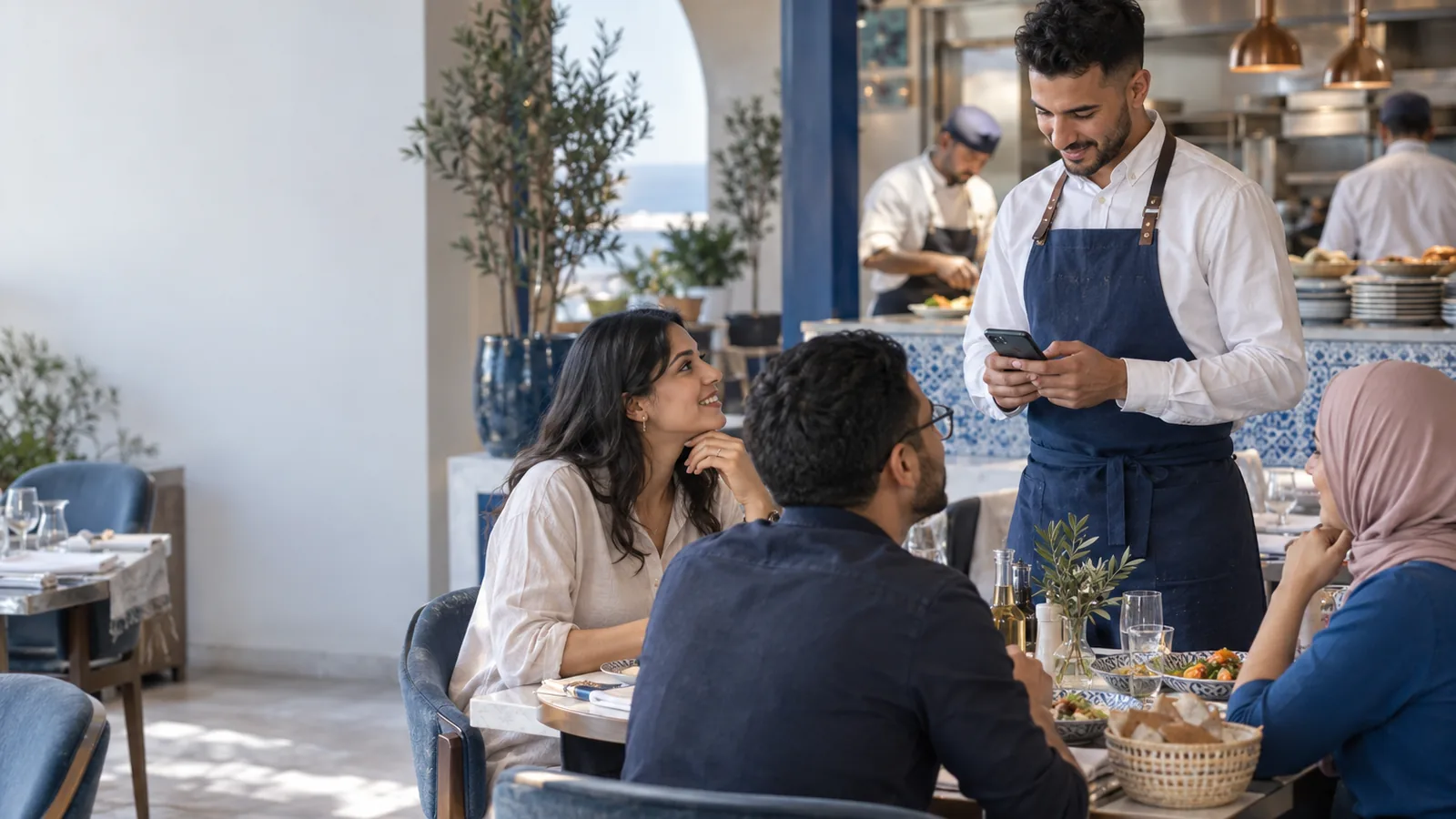 Serveur qui prend la commande sur un smartphone à une table de clients dans un restaurant animé en Algérie