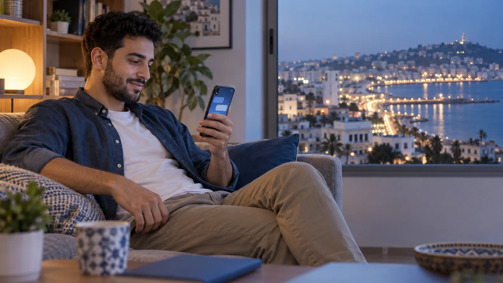 Jeune commerçante détendue sur un canapé le soir, qui regarde des bulles de discussion sur son smartphone, les lumières d'Alger derrière la fenêtre