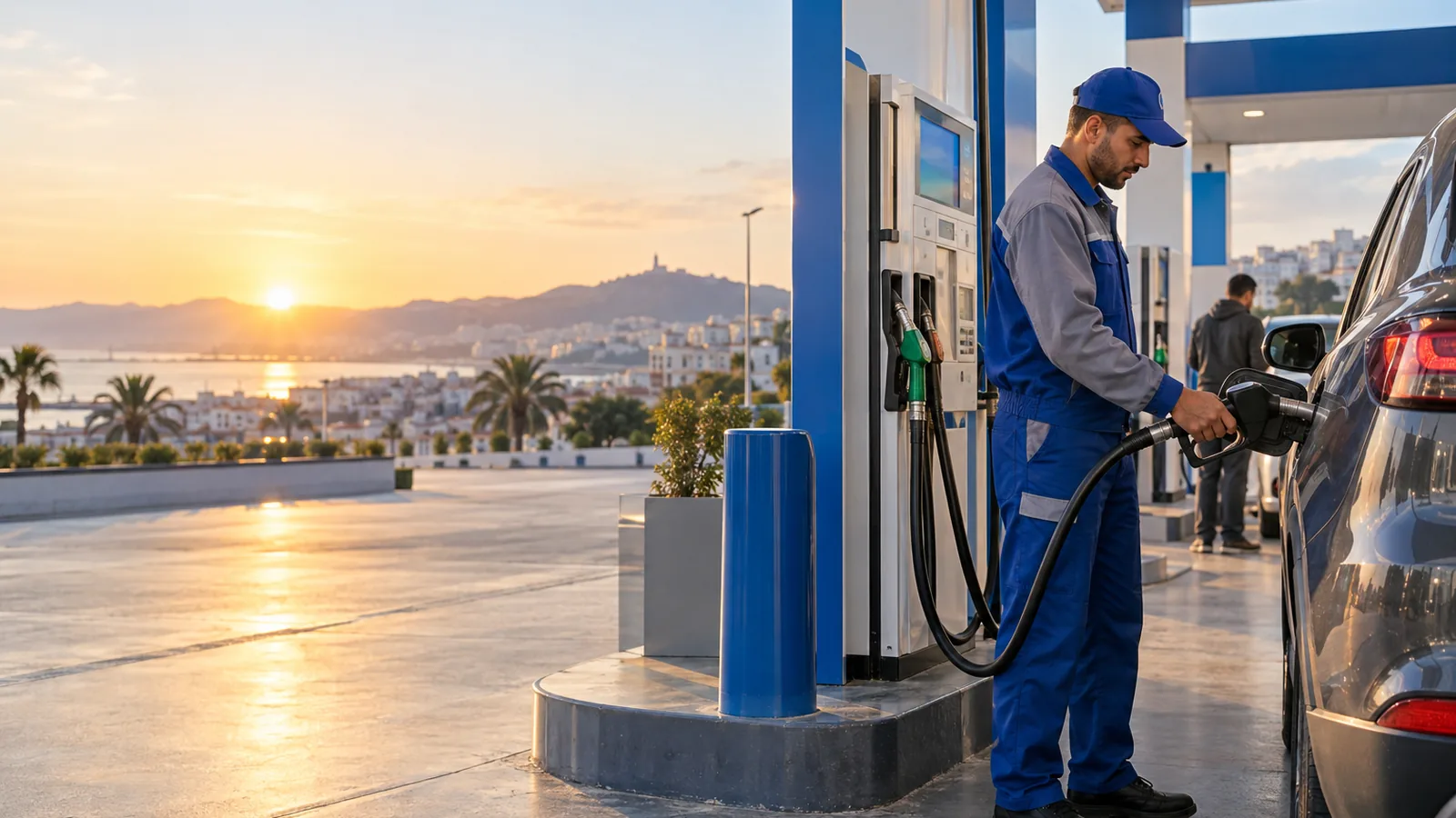 Pompiste en tenue de travail près d'une pompe à carburant dans une station-service algérienne au lever du jour