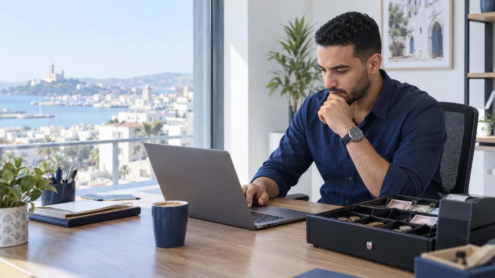 Chef d'entreprise à son bureau le matin qui consulte les soldes du jour sur un ordinateur portable, un tiroir-caisse et une tasse de café à côté