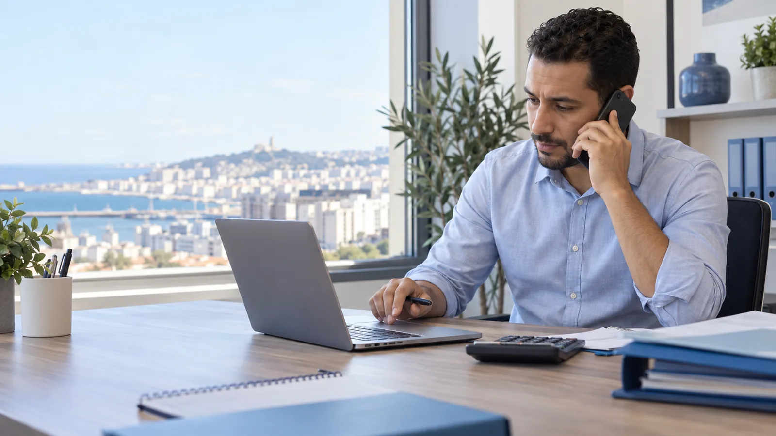 Gérant au téléphone avec un fournisseur qui vérifie une courte liste sur son ordinateur portable, une calculatrice et quelques dossiers sur le bureau