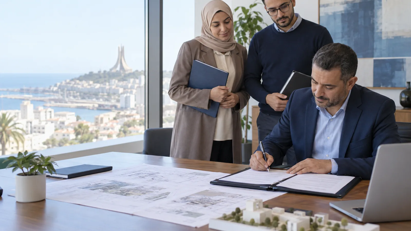مدير يوقّع وثيقة في قاعة اجتماعات بينما ينتظر زميلان بملفاتهما، ومخططات مبسوطة على الطاولة