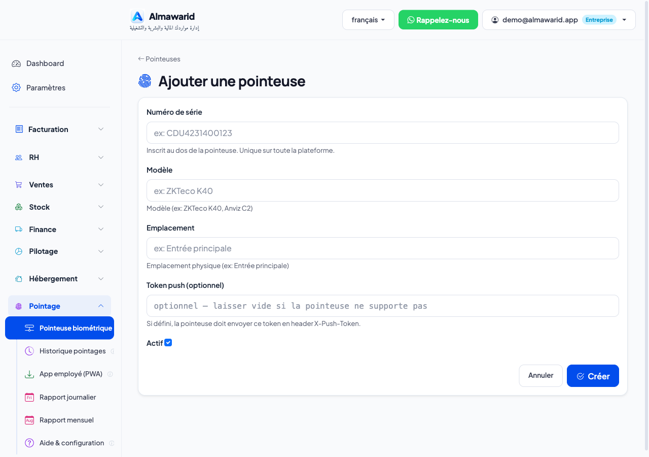 Enregistrer une pointeuse biométrique — Almawarid